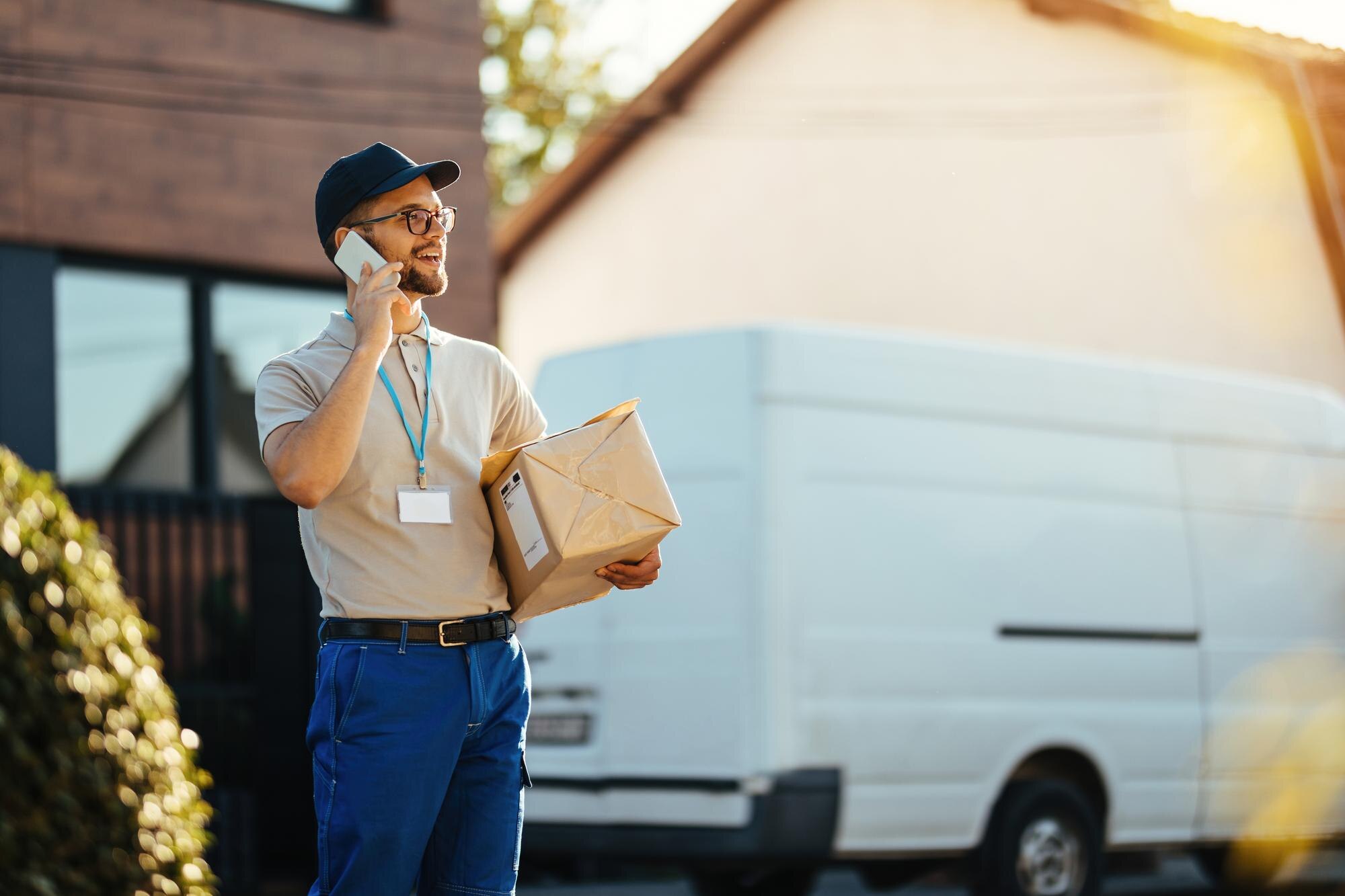 joven repartidor sosteniendo paquetes mientras comunica telefono movil esta pie calle 637285 1278
